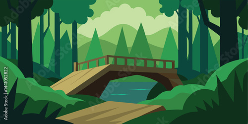 Abandoned bridge in dense forest cartoon scene vector illustration