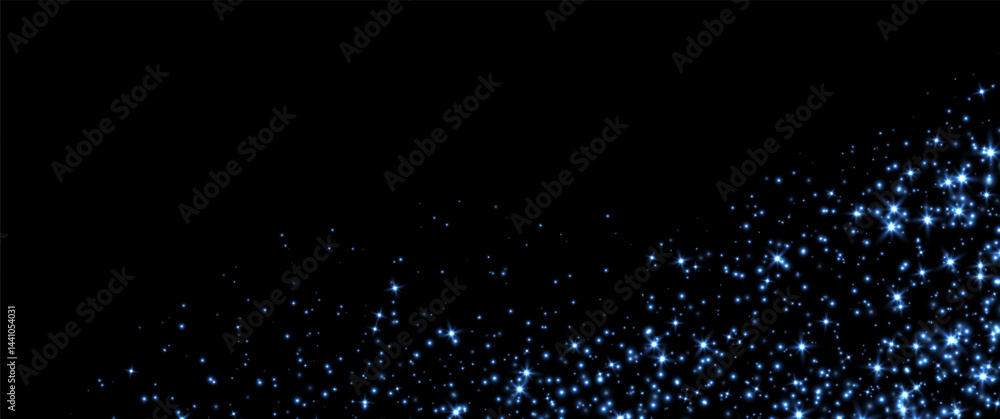 Blue stars and sparkles, magic star dust background, light effect with flares. Shiny particles, glowing shimmer. Holiday decoration. Vector illustration.