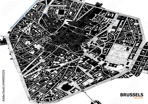A highly detailed zoomed-in vector map of Brussels featuring highways (E40/E411), waterways (Canal/Senne River), and key buildings (EU Parliament, Atomium). Black-and-white minimalist style optimized 