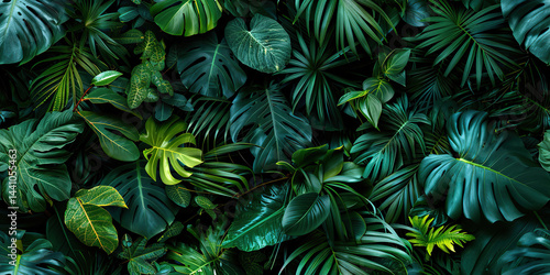 Fototapeta Naklejka Na Ścianę i Meble -  Dense background of green tropical leaves in dark tones with soft lighting, jungle atmosphere, Generated with AI.