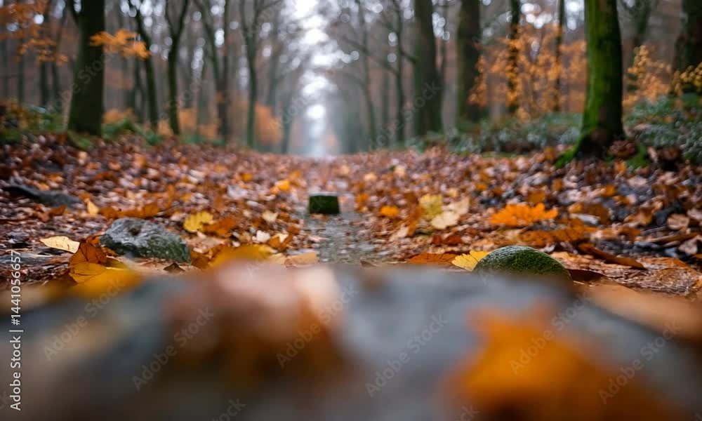A serene autumn pathway lined with fallen leaves and a moss-covered stone in focus A serene autumn pathway lined with fallen leaves and a moss-covered stone in focus