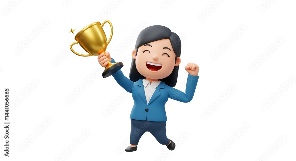 Fototapeta premium Celebrating success woman holding trophy award achievement business cartoon character illustration