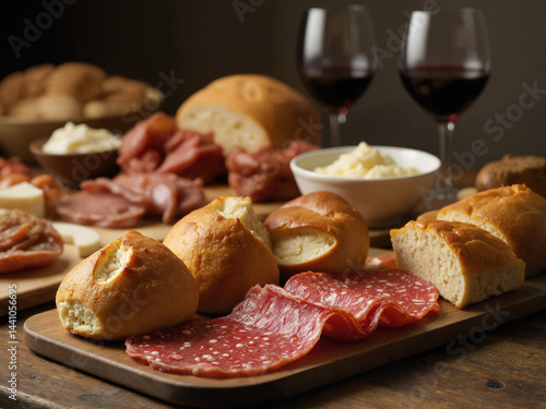 The image of various types of meat and bread is served on a wooden chopping board. 