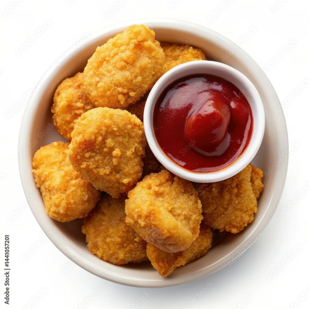 Delicious Chicken Nuggets With Ketchup In Bowl Overhead View On White Delicious Chicken Nuggets With Ketchup In Bowl Overhead View On White