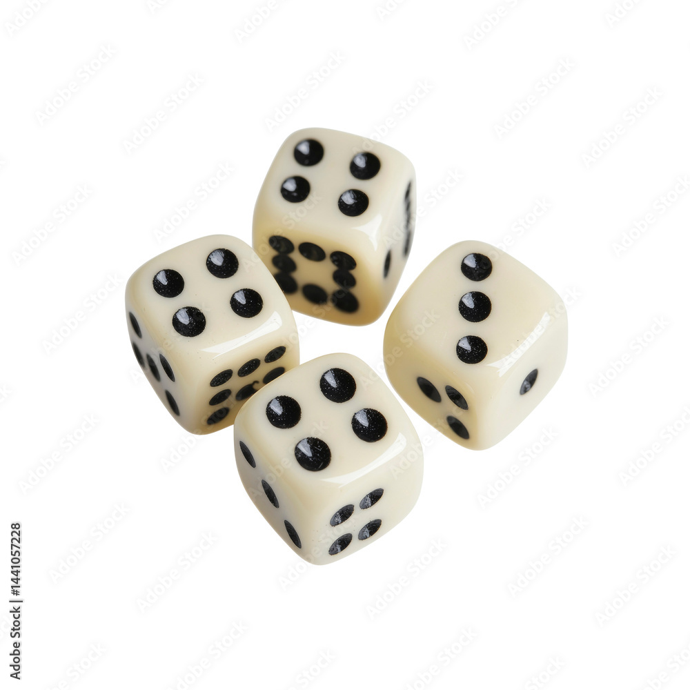 Four Ivory Dice with Black Dots on a Transparent Background Four Ivory Dice with Black Dots on a Transparent Background