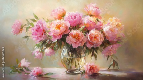 Wallpaper Mural Pink Peonies in Glass Vase Beautiful Floral Still Life Painting Romantic Flower Arrangement Delicate Pastel Colors Spring Blossom Artistic Impressionism Oil Painting Home Decor Wall Art Soft Rose      Torontodigital.ca