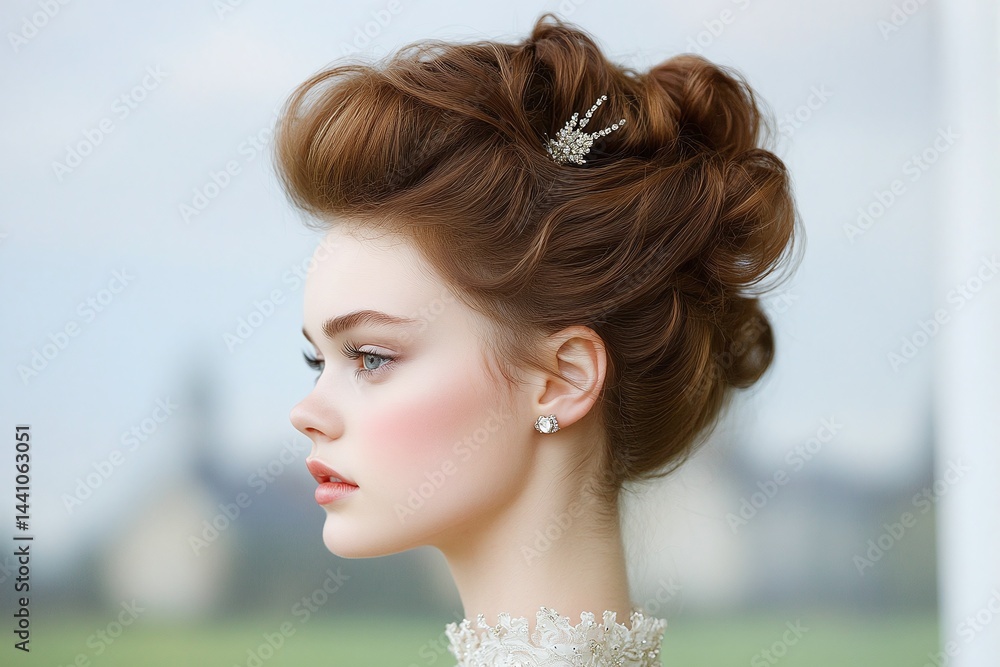 Fototapeta premium Elegant vintage-inspired hairstyle with voluminous curls, young woman in profile view wearing pearl earrings, romantic updo, soft light outdoor portrait, timeless beauty concept