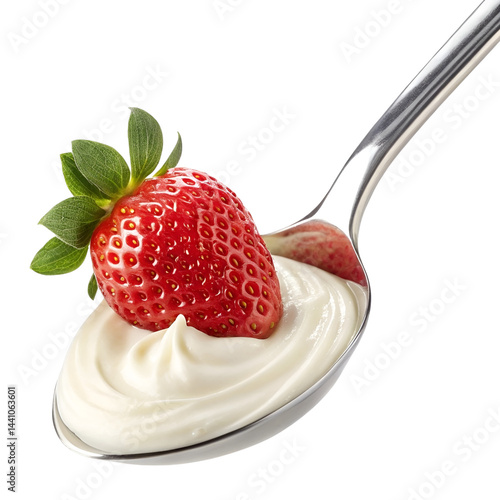 Fresh ripe strawberry resting on a swirl of creamy yogurt, elegantly served on a stainless steel spoon, isolated on transparent background.

