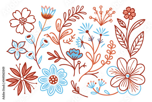 Set of boho simple geometric branch and flowers. Botanic design elements in wavy and vintage style. Leaves and branches print for logo, social media or packaging and greeting card. Vector illustration