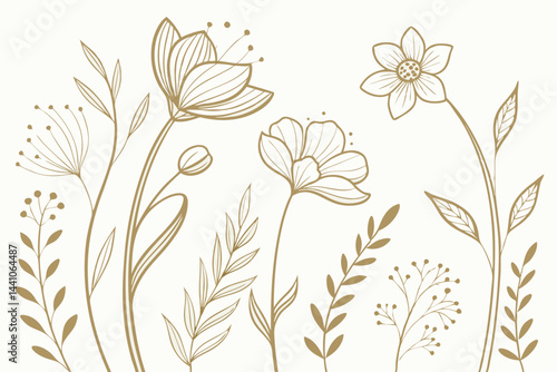 Set of boho simple geometric branch and flowers. Botanic design elements in wavy and vintage style. Leaves and branches print for logo, social media or packaging and greeting card. Vector illustration
