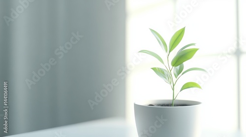 Serene Minimalist Plant in Modern White Pot Bright Sunlight Indoor Greenery Peaceful Atmosphere Home Decor Natural Light Simple Elegant Design Fresh Leaves Botanical Still Life Tranquil Setting Cozy
