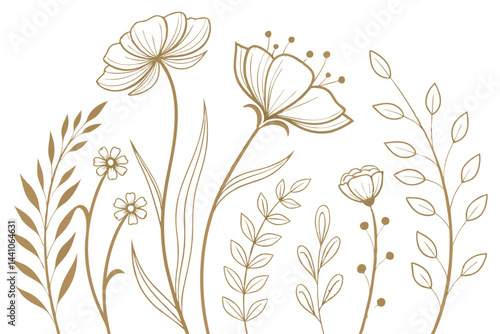 Set of boho simple geometric branch and flowers. Botanic design elements in wavy and vintage style. Leaves and branches print for logo, social media or packaging and greeting card. Vector illustration