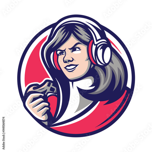 Female gamer in headphones holding a controller