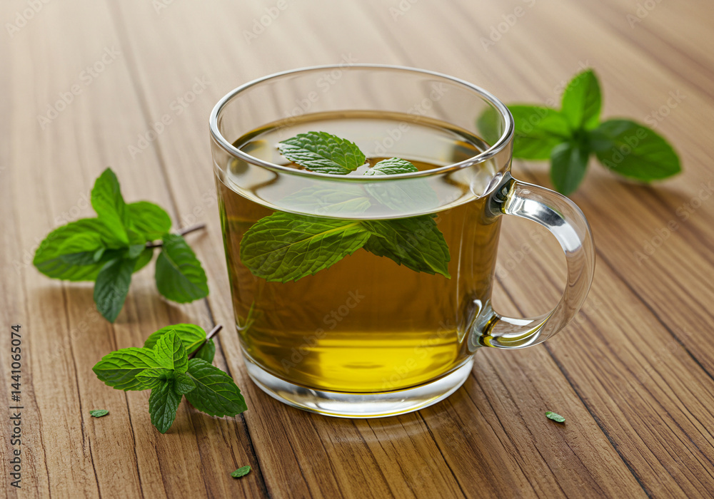 Mint tea in a glass cup on wooden table with mint leaves Mint tea in a glass cup on wooden table with mint leaves