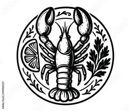 Lobster on plate. Fresh cooked seafood. Vector black illustration.