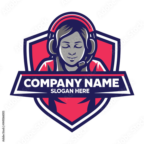 Support emblem with a smiling woman wearing headphones and a headset