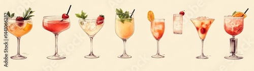 Wallpaper Mural Modern illustration with a vintage twist, featuring retro cocktail glasses garnished with mint leaves, citrus, cherries, and ice cubes, set against a backdrop of stylized line art that includes Torontodigital.ca