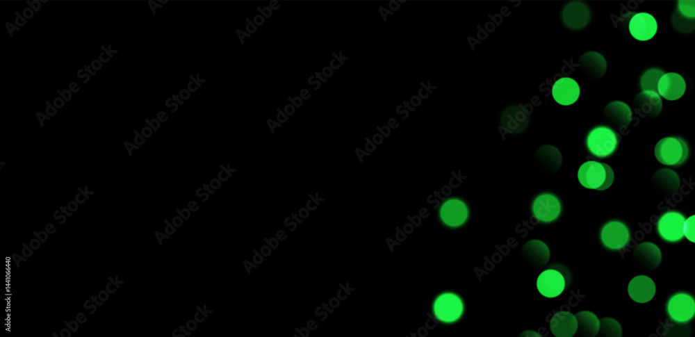Green bokeh, blurred background with sparkling lights, blurry glitter effect. Bright soft abstract background. Vector illustration.