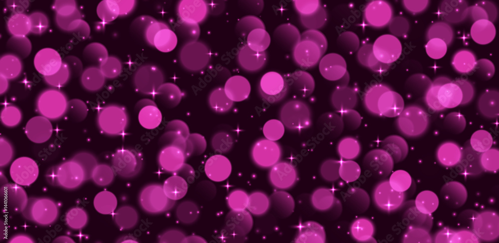 Pink bokeh with stars and sparkles, shiny overlay decoration, abstract Christmas background. Vector illustration.