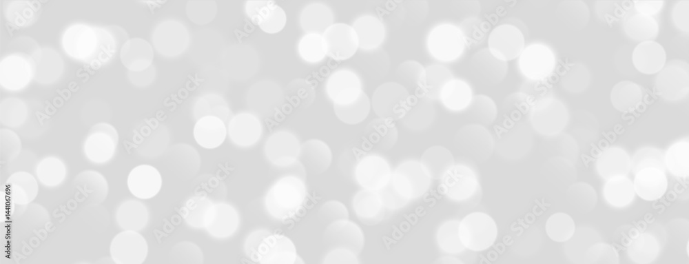 White bokeh, blurred grey background with sparkling lights, blurry glitter effect. Bright soft abstract background. Vector illustration.