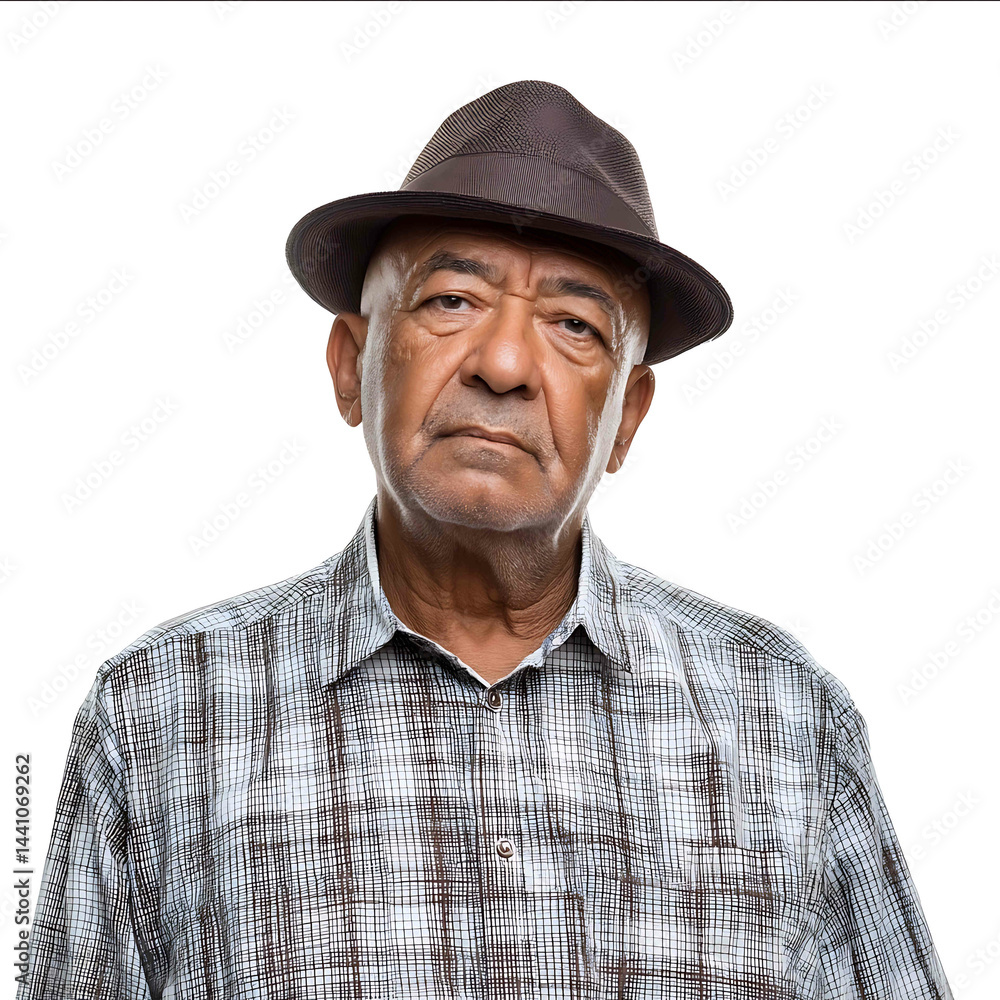 An elderly man with a wrinkled face wearing a fedora hat and a checkered shirt isolated on white high quality An elderly man with a wrinkled face wearing a fedora hat and a checkered shirt isolated on white high quality