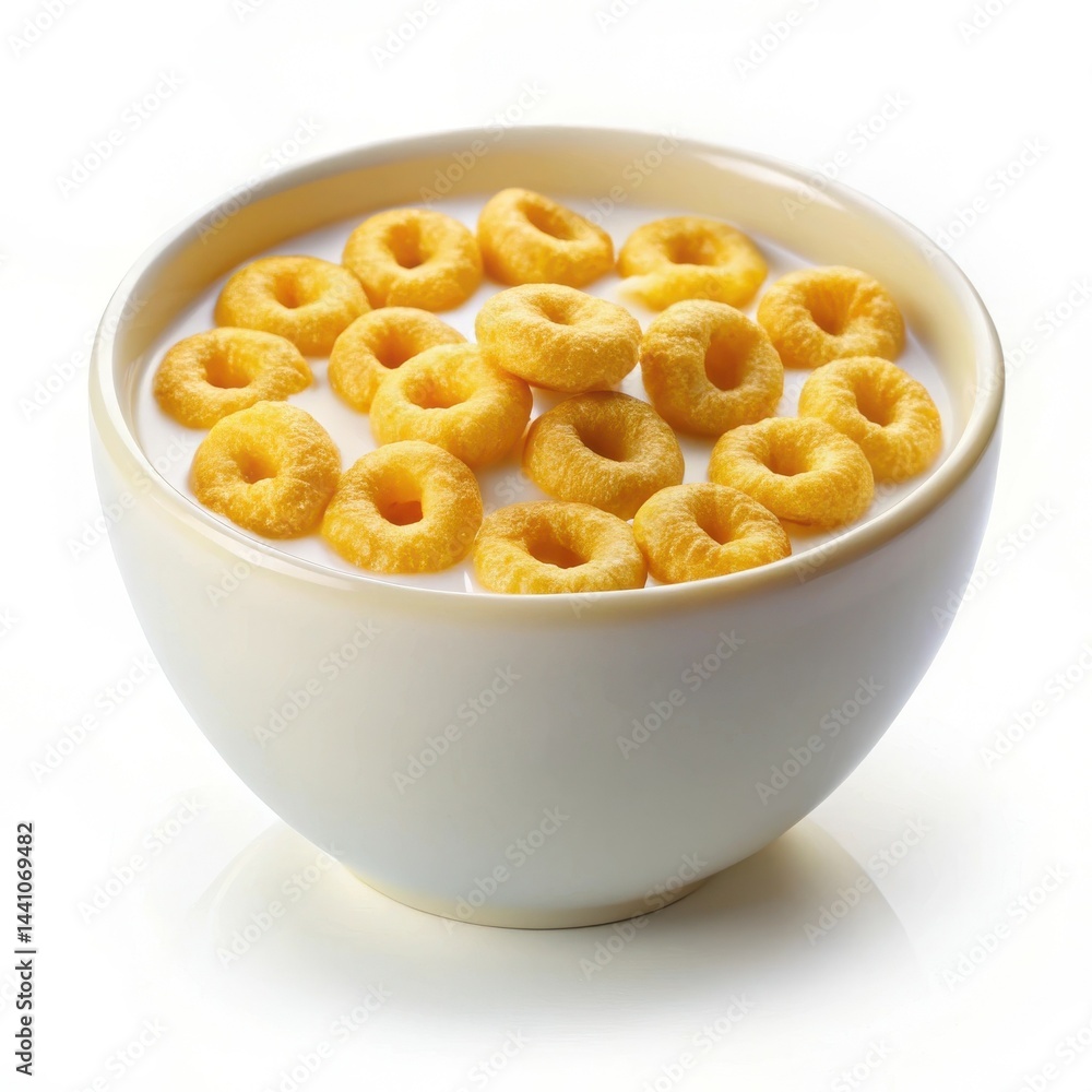 Bowl Of Round Corn Cereal In Milk On A White Background Still Bowl Of Round Corn Cereal In Milk On A White Background Still