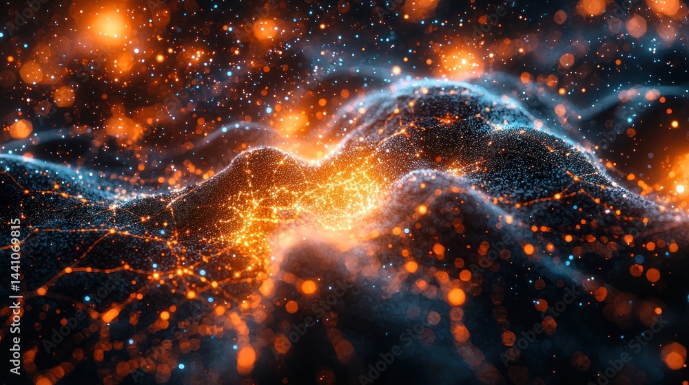 Abstract digital landscape with glowing orange and blue light points and waves. Abstract digital landscape with glowing orange and blue light points and waves.