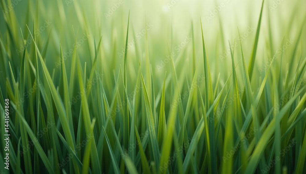 Close up of fresh green grass blades illuminated by sunlight in a blurry background outdoors scene Close up of fresh green grass blades illuminated by sunlight in a blurry background outdoors scene
