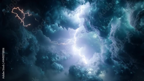 Intense lightning bolt illuminating dense storm clouds in fiery golden tones
Description: Electric discharge glowing through dramatic clouds in high-contrast cinematic thunderstorm scene