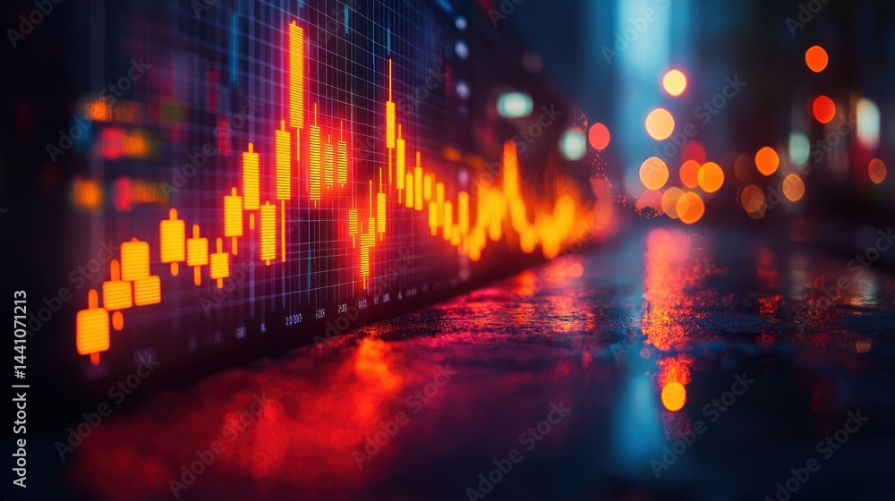 Glowing stock market chart overlayed on a blurred cityscape at night. Glowing stock market chart overlayed on a blurred cityscape at night.