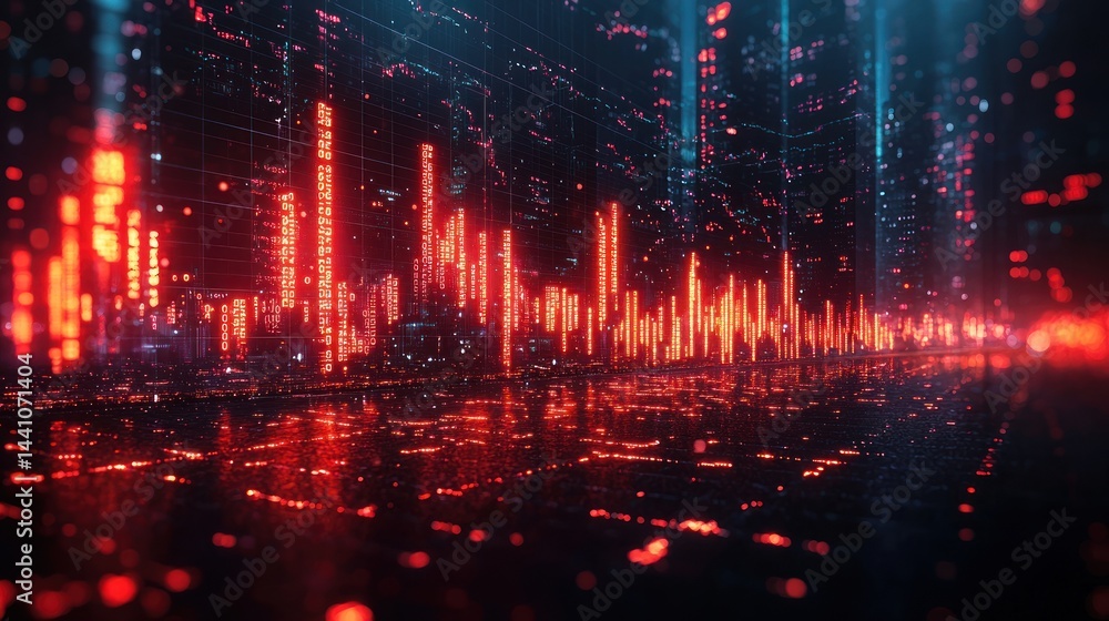 Naklejka premium Abstract digital landscape with red and blue light patterns on a dark background.