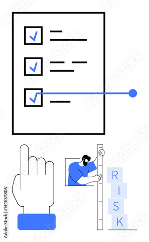 Checklist with completed tasks, hand gesture pointing upward, and man measuring risk blocks. Ideal for productivity, project management, strategy, quality control, risk analysis, decision-making