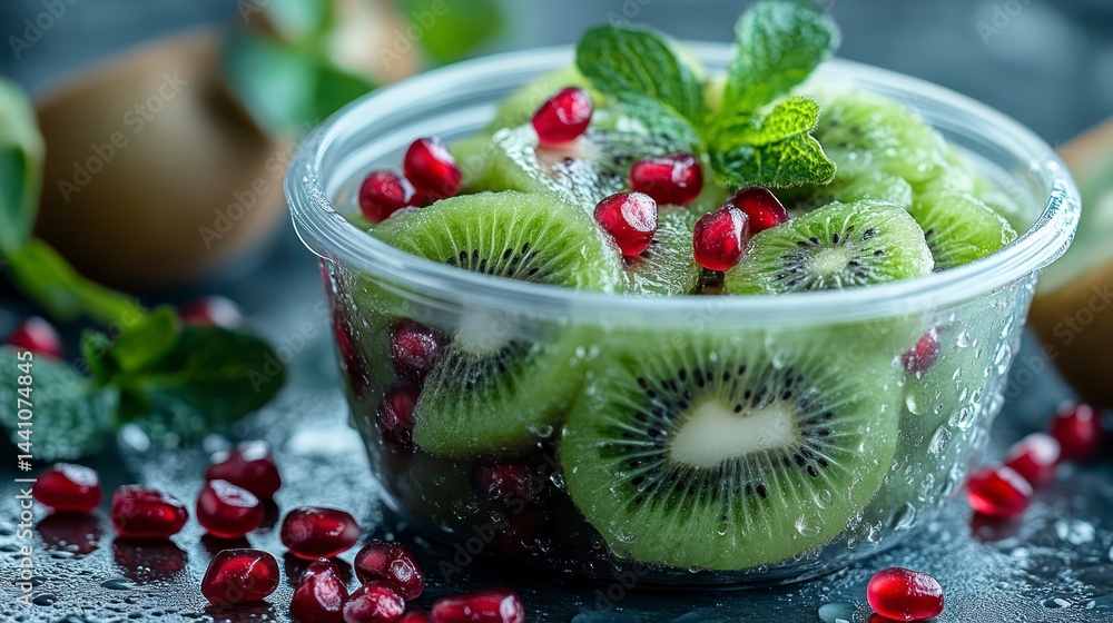 Refreshing Sliced Fruit Salad in a Clear Bowl with Kiwi and Pomegranate Seeds Garnished with M Refreshing Sliced Fruit Salad in a Clear Bowl with Kiwi and Pomegranate Seeds Garnished with M