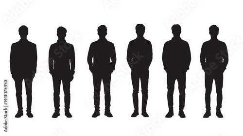 Silhouetted individuals stand in a row, showcasing diverse attire of businessmen against a white backdrop.