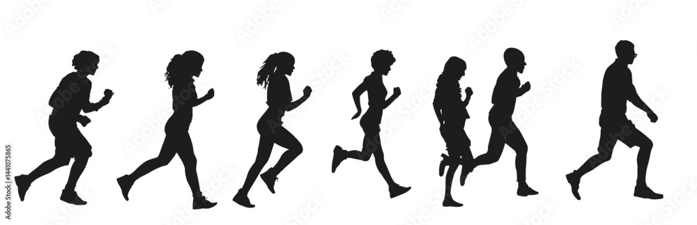 Silhouette of diverse people running together as a group, fostering health and community engagement.