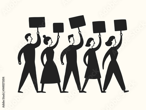 Silhouetted figures in a unified demonstration march, raising blank signs high above the crowd.