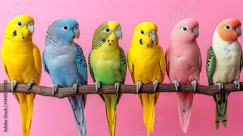 Wallpaper Mural Vibrant colorful budgies perched on a branch against a pink backdrop. Torontodigital.ca