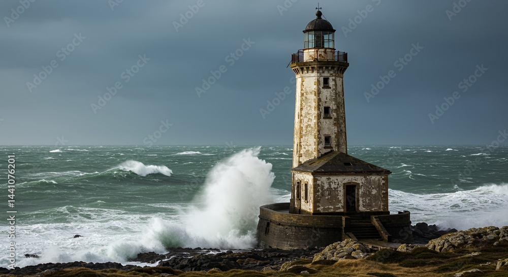 Naklejka premium Decaying Lighthouse Overlooking a Stormy Sea with Crashing Waves in Cloudy Weather