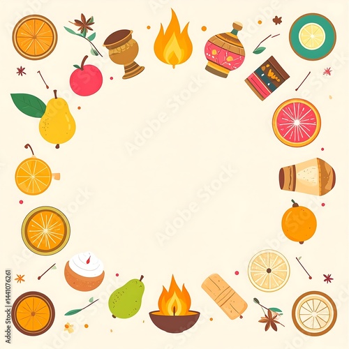 Realistic Image of Circular Frame with Parsi Festival Symbols for Design Poster