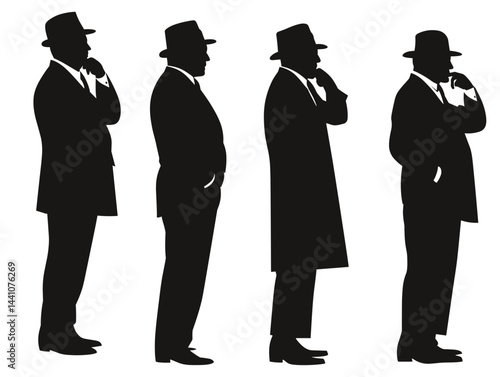 Silhouettes of four men wearing suits and hats, seemingly pondering or contemplating something.