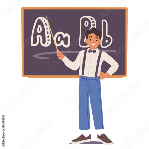 Smart elegant schoolboy cartoon character answering on teacher question standing at blackboard