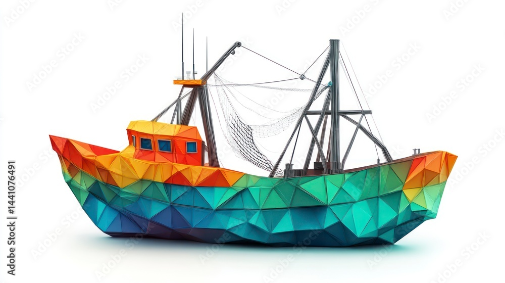 Vibrant Geometric Fishing Boat with Multicolored Facets and Detailed Rigging for Creative Desig Vibrant Geometric Fishing Boat with Multicolored Facets and Detailed Rigging for Creative Desig
