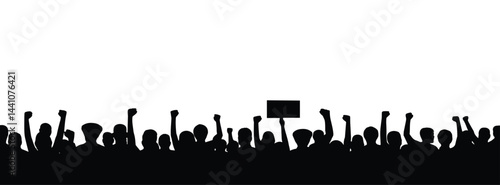 Silhouetted figures with raised fists and a sign representing a demonstration or protest.
