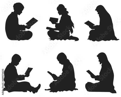 Silhouette illustrations depicting people seated and reading books, in various postures and attire.