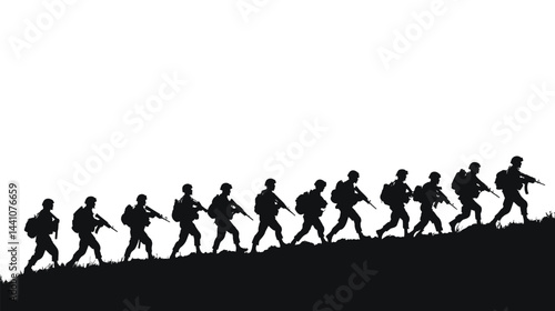 Silhouette of soldiers walking, symbolizing military strength and teamwork in challenging times.