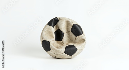 Deflated Soccer Ball Rendered on White Background in Studio Evoking Lost Ambition Forgotten Games Textured and Damaged with Focus on Repair and Recycle Detail and Highlighting