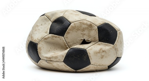 Deflated Soccer Ball Punctured and Damaged on a White Screen Background Symbolizing Missed Opportunities Abandonment and the End of the Game