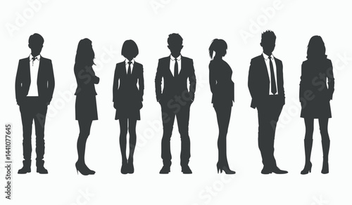 Silhouettes of business professionals stand, representing career, teamwork, and workplace diversity.
