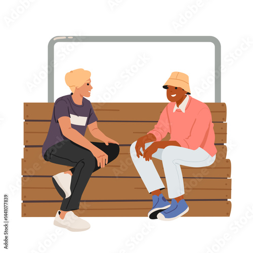 Two teenage friends cartoon characters having nice conversation meeting together on park bench