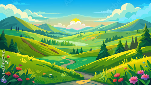 Waves of emerald sweep across the landscape.
New life sprouts under the soft spring light.
The hills curve gently like a painter’s brushstroke.
A world reborn in vivid greens and golds.